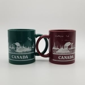 Canada Mallard Ducks Loons Vintage Green Maroon Coffee Mugs Unmarked 2 pcs Lot